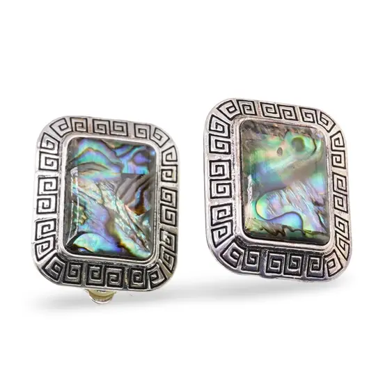 Cercei cu clipsuri Scoica abalone in montura argintie - model dreptunghiular, 28mm