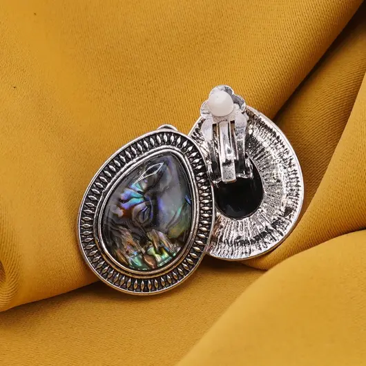 Cercei cu clipsuri Scoica abalone in montura argintie - model lacrima, 25mm, imagine 2