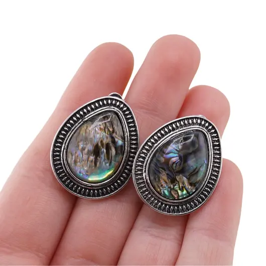 Cercei cu clipsuri Scoica abalone in montura argintie - model lacrima, 25mm, imagine 3