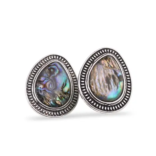 Cercei cu clipsuri Scoica abalone in montura argintie - model lacrima, 25mm