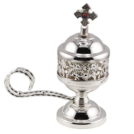 Vas pentru ardere tamaie si ierburi cu maner, metal argintiu, 13cm