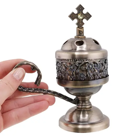 Vas pentru ardere tamaie si ierburi cu maner, metal culoarea alamei, 13cm, imagine 4