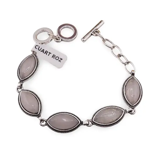 Bratara Cuart roz cu montura din metal, model oval ascutit