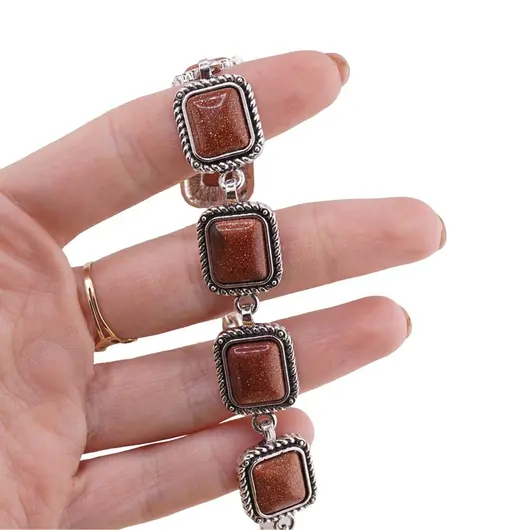 Bratara Goldstone maro cu montura din metal, model funie patrat, imagine 3