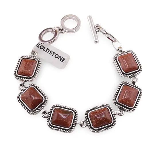 Bratara Goldstone maro cu montura din metal, model funie patrat