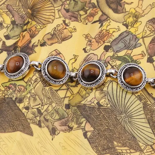 Bratara Ochi de tigru cu montura din metal, model filigranat împletit rotund, imagine 2