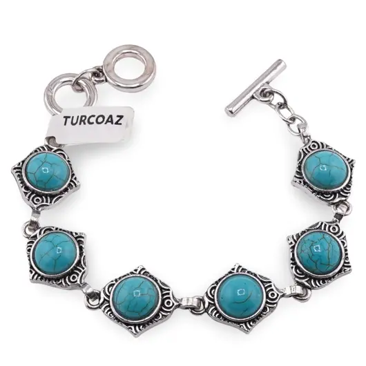 Bratara Turcoaz cu montura din metal, model cu detalii gravate si colturi accentuate