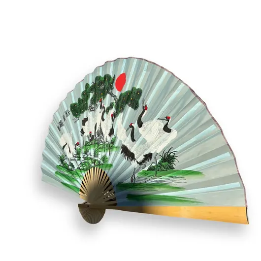 Evantai decorativ mare din lemn, model albastru cocori - 156cm x 90cm, imagine 2