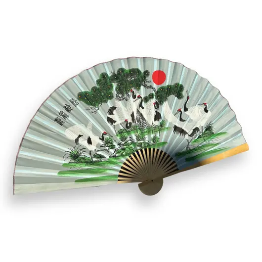 Evantai decorativ mare din lemn, model albastru cocori - 156cm x 90cm