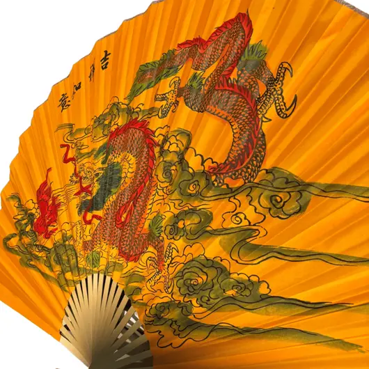 Evantai decorativ mare din lemn, model portocaliu cu dragoni - 156cm x 90cm, imagine 3