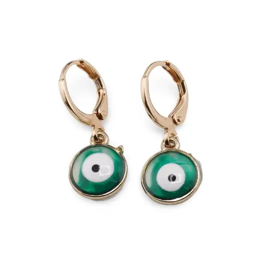 Cercei aurii cu agatatoare leverback, Ochiul protector verde inchis, 10mm