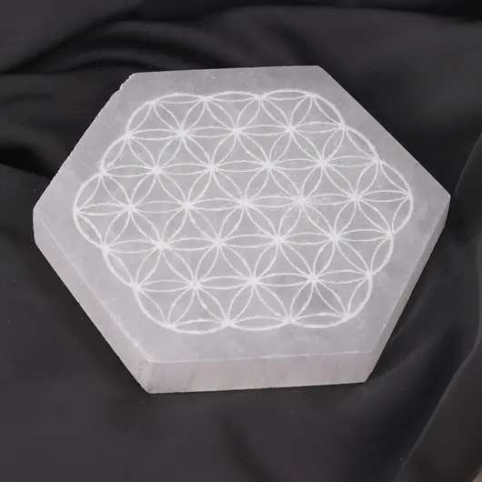 Selenit hexagonal gravat cu Floarea Vietii - 9cm, imagine 3