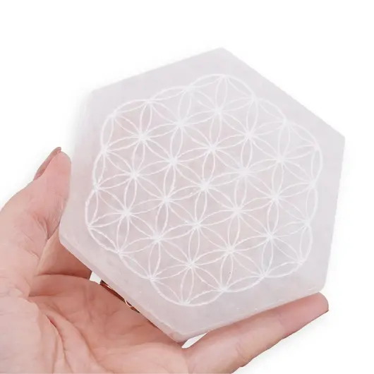 Selenit hexagonal gravat cu Floarea Vietii - 9cm, imagine 4
