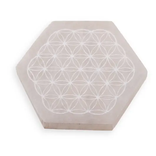 Selenit hexagonal gravat cu Floarea Vietii - 9cm