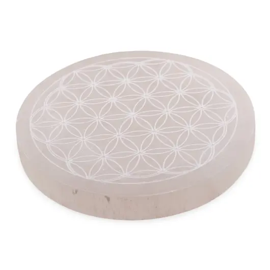 Selenit rotund gravat cu Floarea Vietii - 10cm, imagine 2