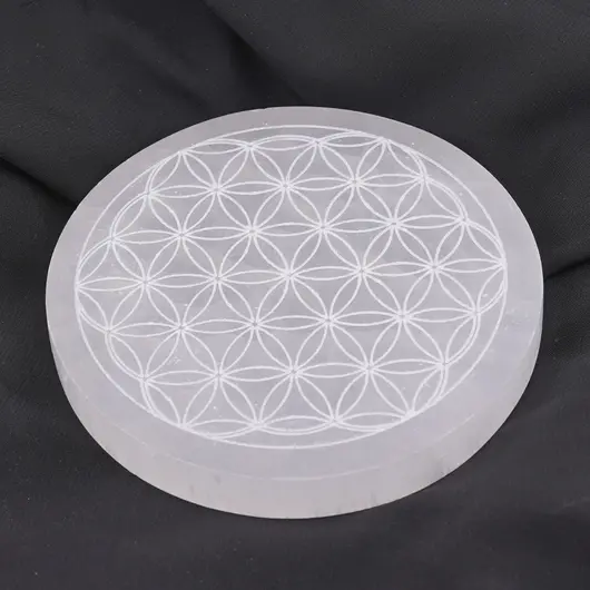 Selenit rotund gravat cu Floarea Vietii - 10cm, imagine 3