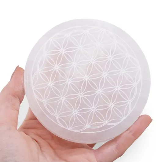 Selenit rotund gravat cu Floarea Vietii - 10cm, imagine 4