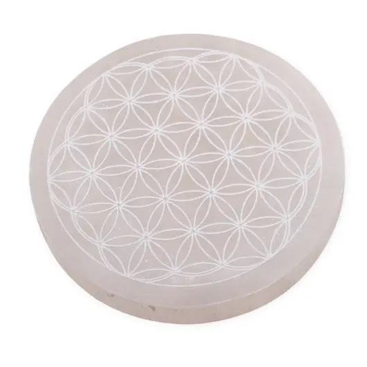 Selenit rotund gravat cu Floarea Vietii - 10cm