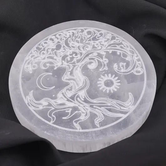 Selenit rotund gravat cu Pomul Vietii - 10cm, imagine 3