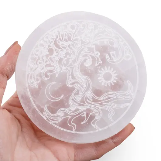 Selenit rotund gravat cu Pomul Vietii - 10cm, imagine 4