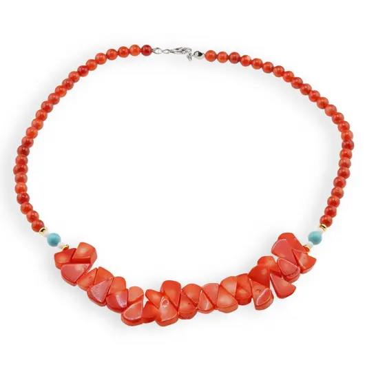 Colier Coral portocaliu sfere 6mm si pietre 10-14mm