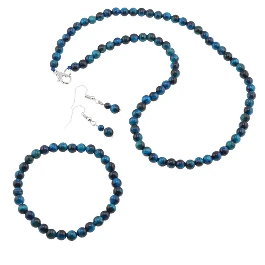 Set cercei, colier si bratara Ochi de tigru bleu sfere, 6mm
