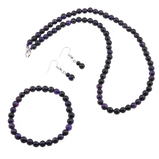 Set cercei, colier si bratara Ochi de tigru mov sfere, 6mm