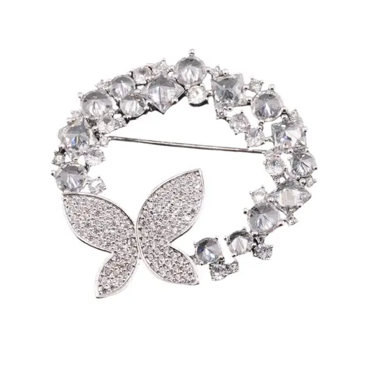 Brosa argintie rotunda cu fluture si zirconii, 40mm