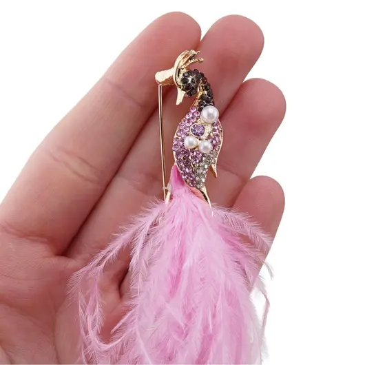 Brosa aurie, model paun cu pene roz si zirconii - 90mm, imagine 3