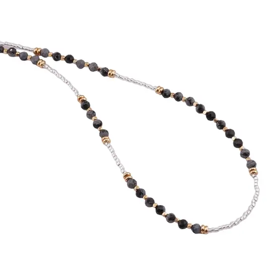 Colier Obsidian fulg de nea sfere fatetate 3mm si Hematit auriu 2mm, imagine 2