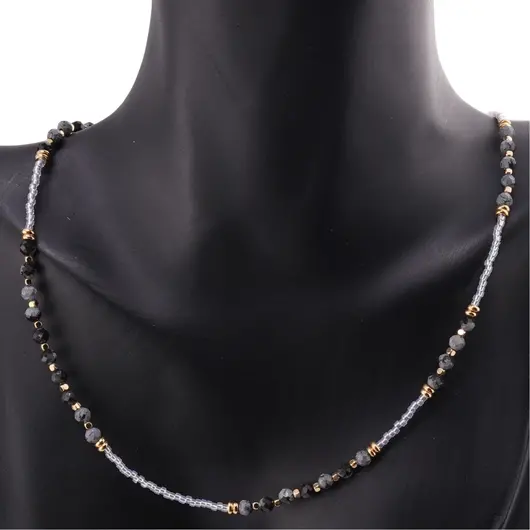 Colier Obsidian fulg de nea sfere fatetate 3mm si Hematit auriu 2mm, imagine 3