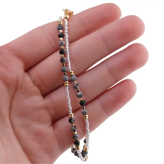 Colier Obsidian fulg de nea sfere fatetate 3mm si Hematit auriu 2mm, imagine 4
