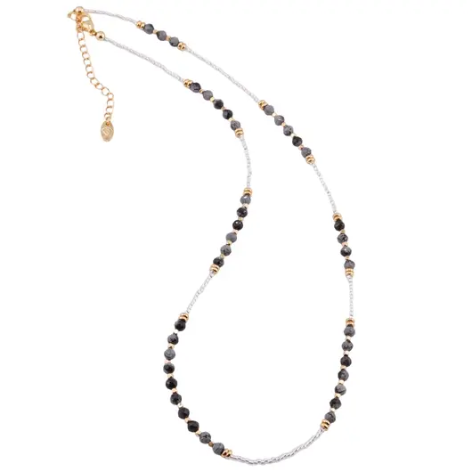 Colier Obsidian fulg de nea sfere fatetate 3mm si Hematit auriu 2mm