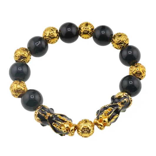 Bratara Feng Shui pe elastic cu Pi Yao, monede aurii si onix 12mm, imagine 2