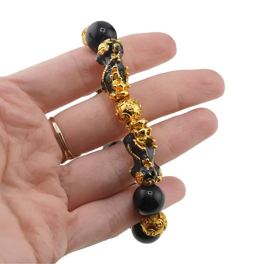 Bratara Feng Shui pe elastic cu Pi Yao, monede aurii si onix 12mm, imagine 4