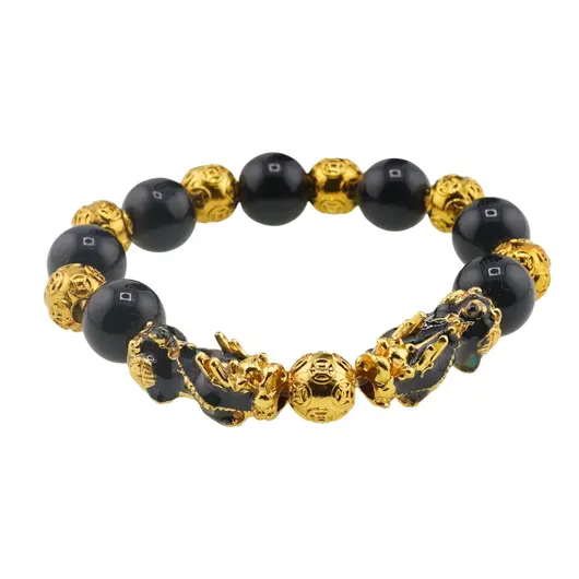 Bratara Feng Shui pe elastic cu Pi Yao, monede aurii si onix 12mm