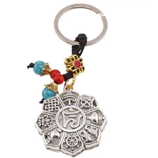 Breloc Feng Shui Amuleta cu nod mistic si cele 8 simboluri tibetane, 10cm