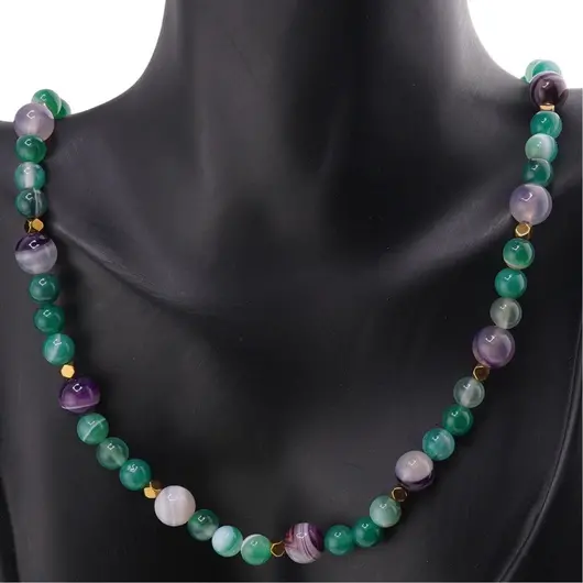 Colier Agat verde si mov sfere cu elemente din Hematit auriu, 3-8mm, imagine 3