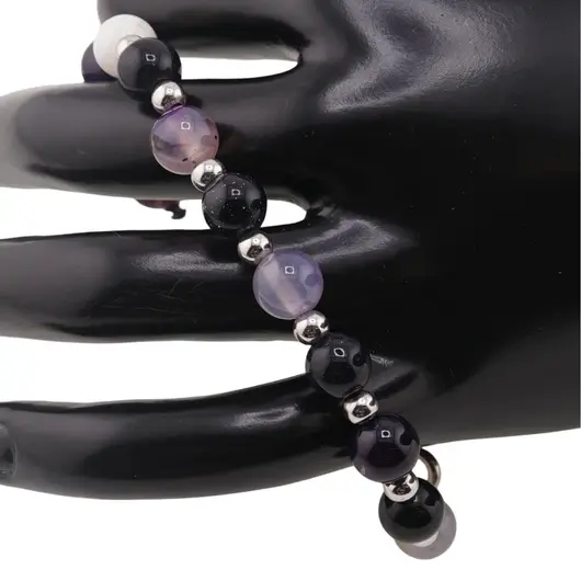 Set colier si bratara Agat mov, Goldstone albastru si Coral sfere cu bumbi argintii, 8mm, imagine 2