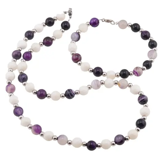 Set colier si bratara Agat mov, Goldstone albastru si Coral sfere cu bumbi argintii, 8mm