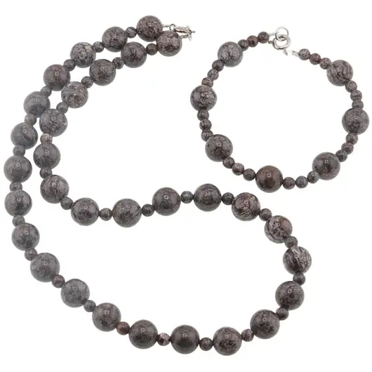 Set colier si bratara Obsidian fulg de nea maro sfere, 4-10mm