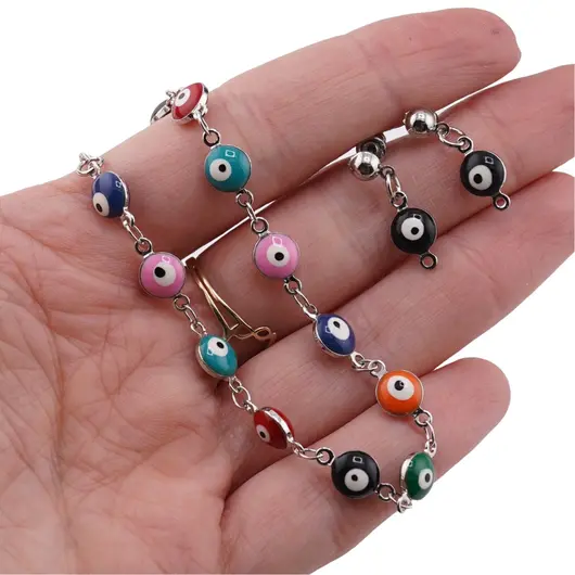 Set colier si cercei din metal argintiu cu Ochi protectori colorati, imagine 3