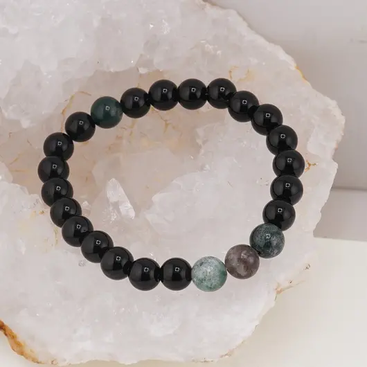 Bratara pe elastic Obsidian si Agat indian, 8mm, imagine 3