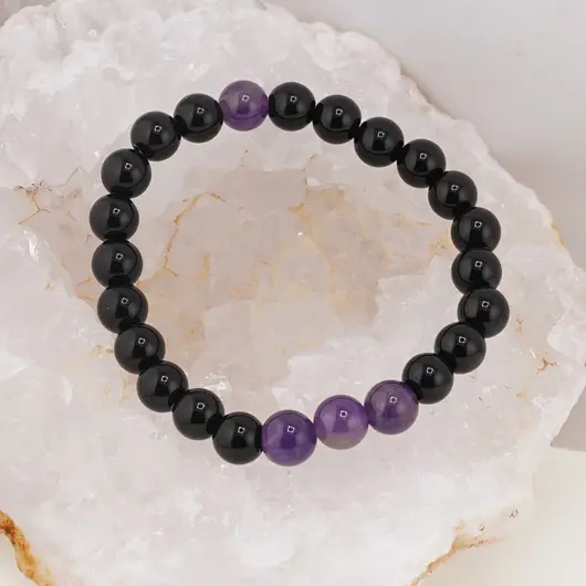 Bratara pe elastic Obsidian si Ametist, 8mm, imagine 3