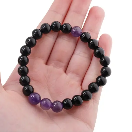 Bratara pe elastic Obsidian si Ametist, 8mm, imagine 4