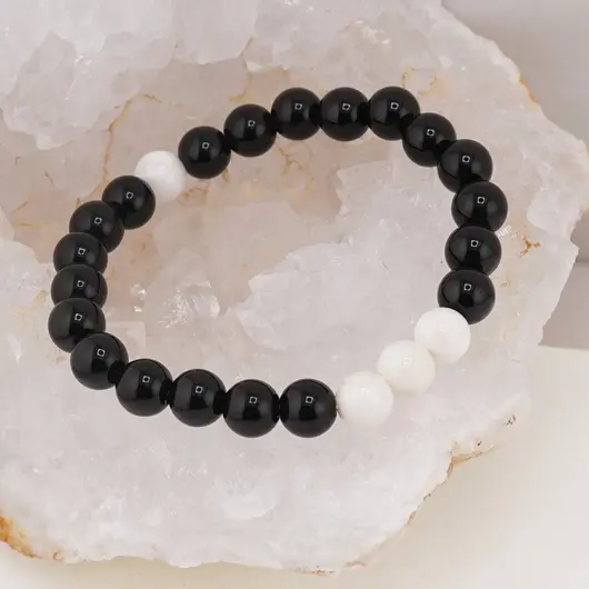Bratara pe elastic Obsidian si Coral alb, 8mm, imagine 3