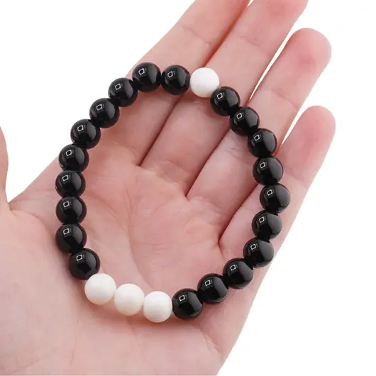 Bratara pe elastic Obsidian si Coral alb, 8mm, imagine 4
