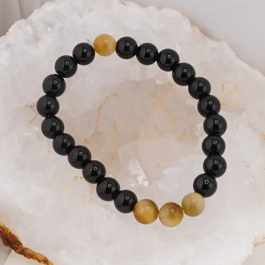 Bratara pe elastic Obsidian si Ochi de tigru galben, 8mm, imagine 3