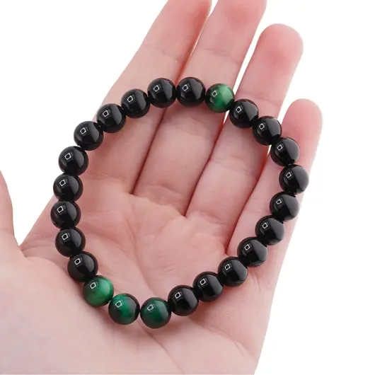 Bratara pe elastic Obsidian si Ochi de tigru verde, 8mm, imagine 4