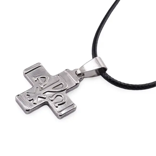 Colier cu pandantiv cruce argintie cu simbolul Alpha si Omega, 32mm, imagine 2